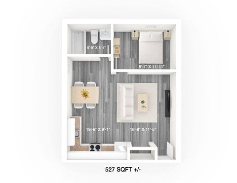 Floor plan for 1 bed, 1 bath, 527 sqft